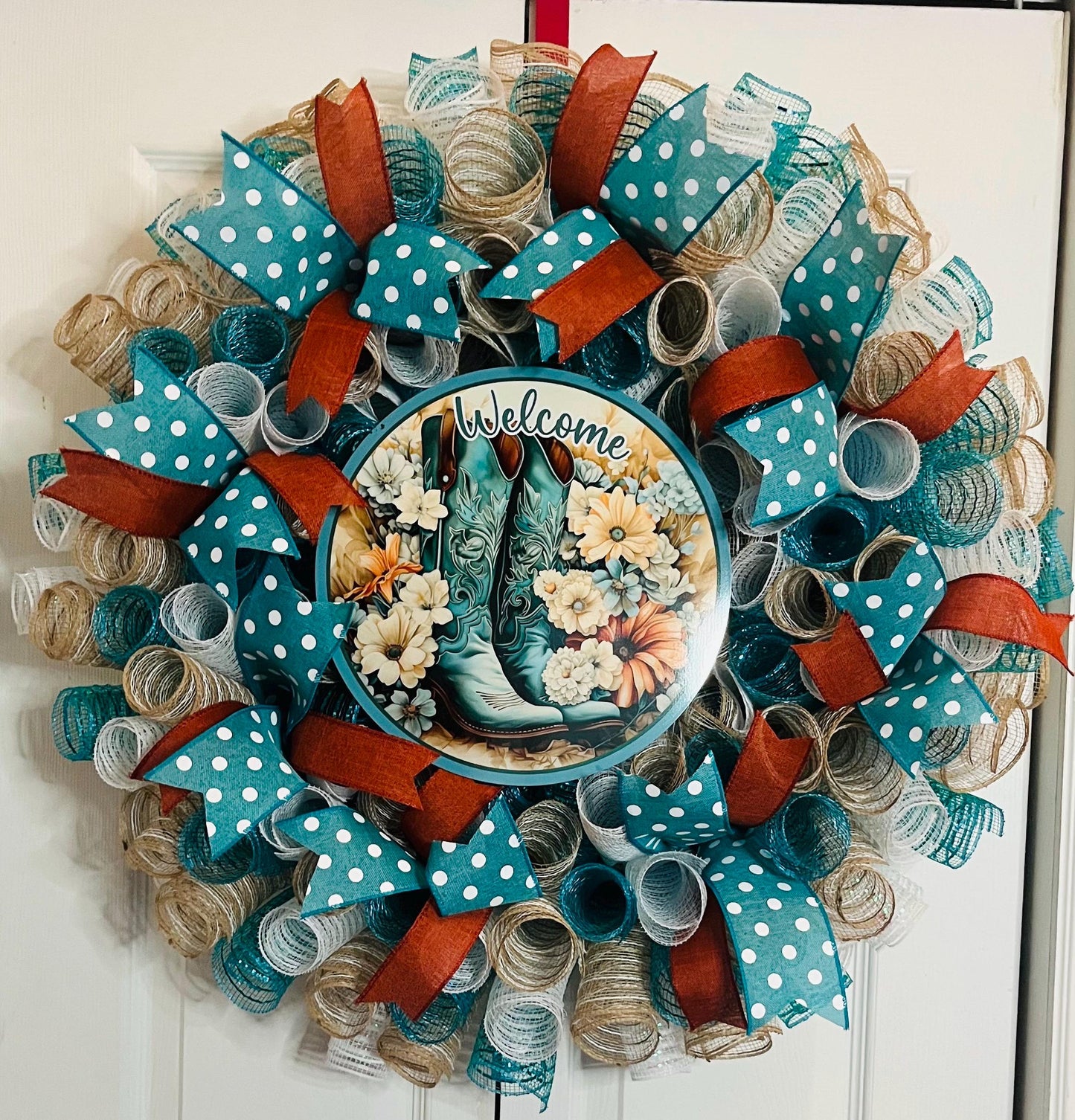 Welcome teal cowboy boots wreath