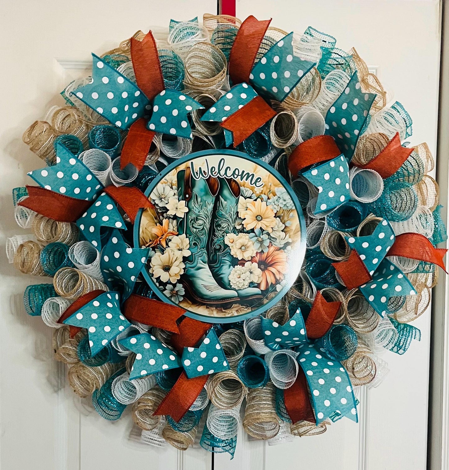 Welcome teal cowboy boots wreath