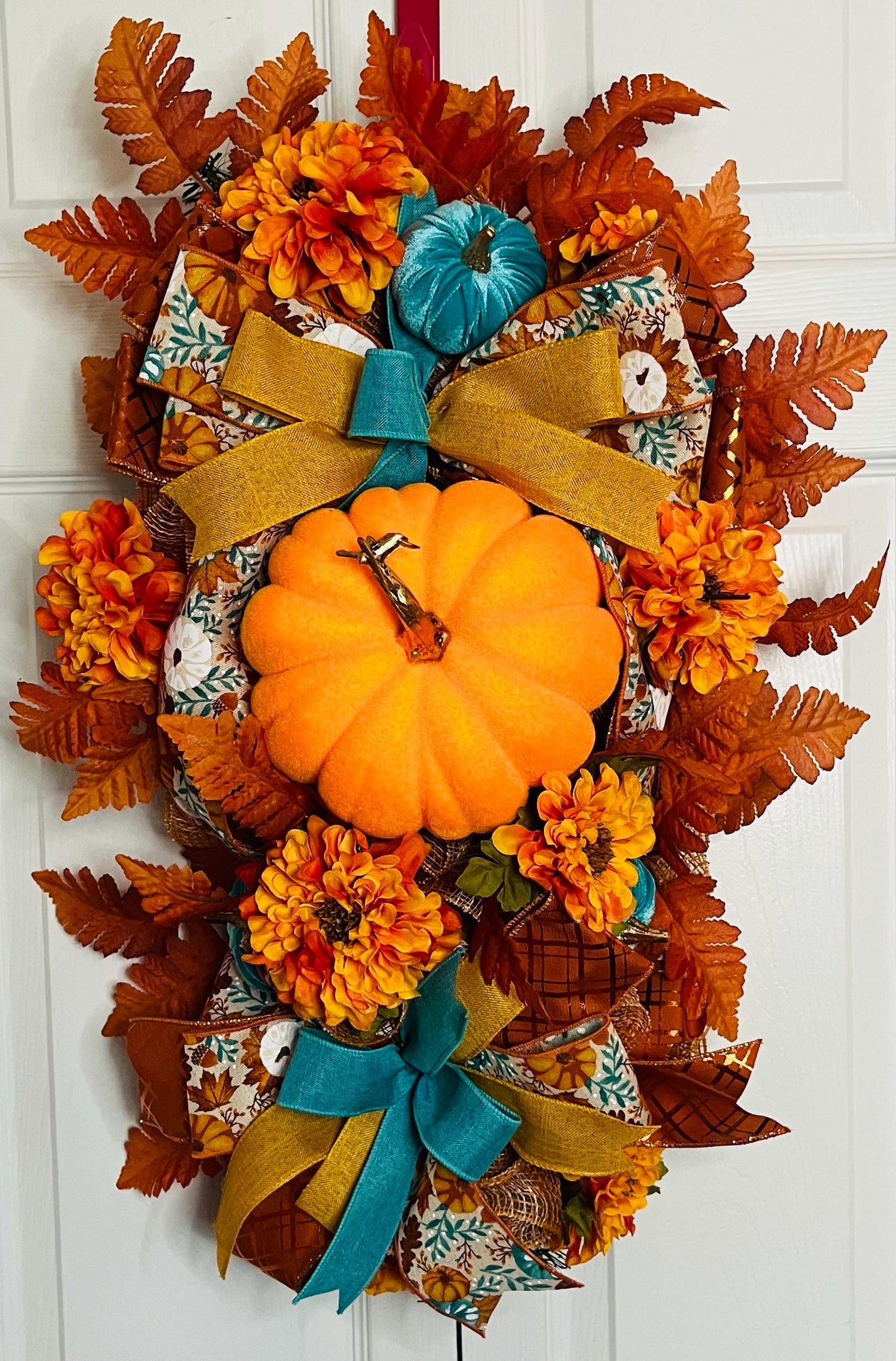 Pumpkin teal fall swag wreath
