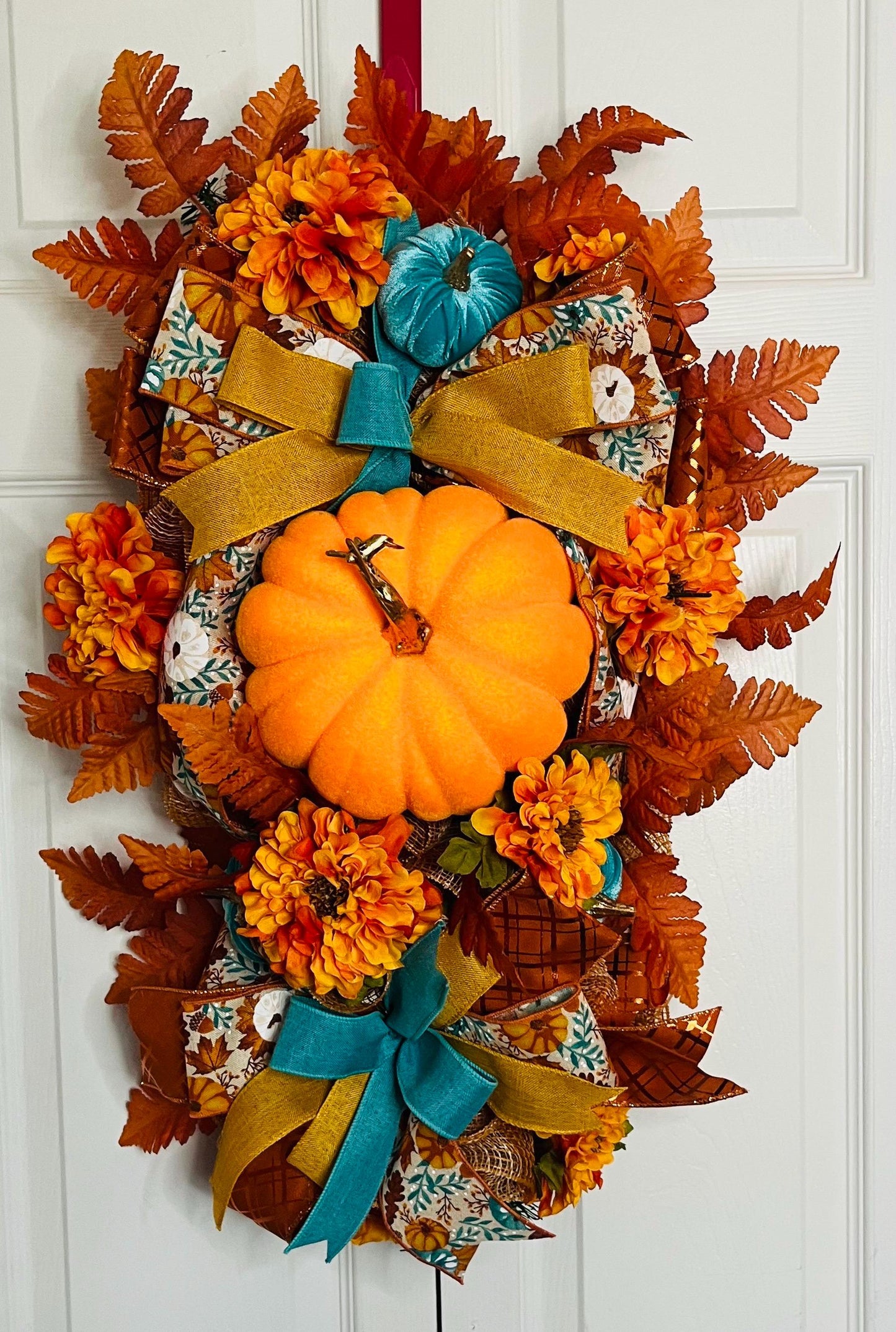 Pumpkin teal fall swag wreath