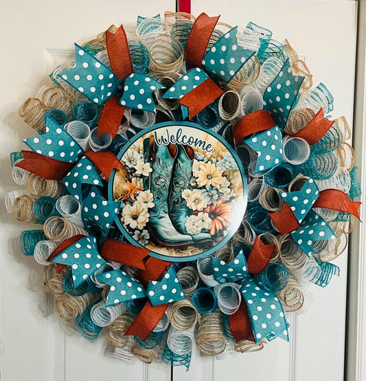 Welcome teal cowboy boots wreath