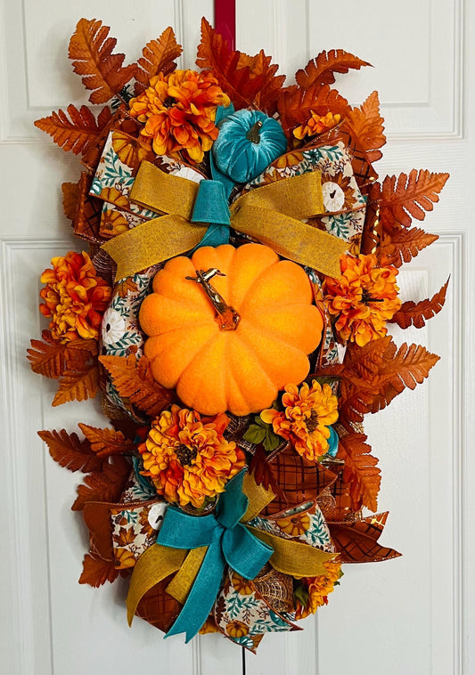 Pumpkin teal fall swag wreath